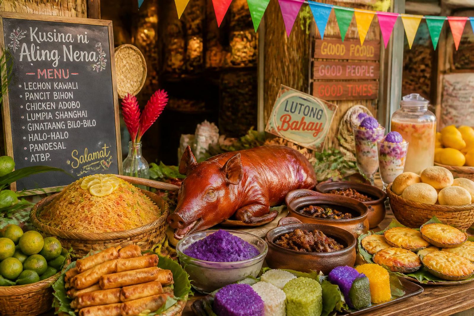 Filipino storefront counter overflowing with lechon, kakanin, halo-halo, and pandesal under colorful banderitas